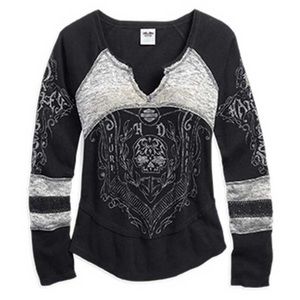 Harley-Davidson Women's Notched Neck Mixed Media Henley Shirt - XS